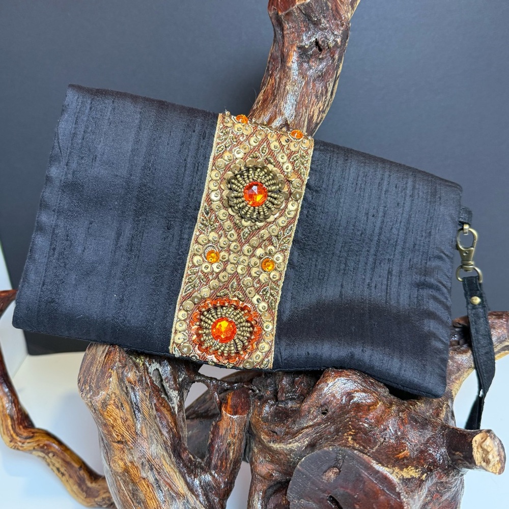 Expressions NYC Black Clutch with Gold Beaded Accents and Wristlet